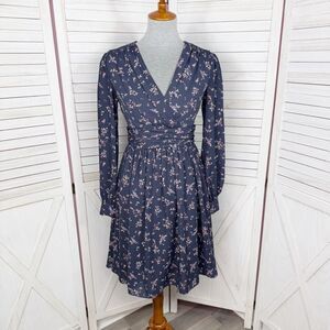 Gal Meets Glam Kelsey Floral Pleated Waist Fit Flare Long Sleeve Dress Blue 0
